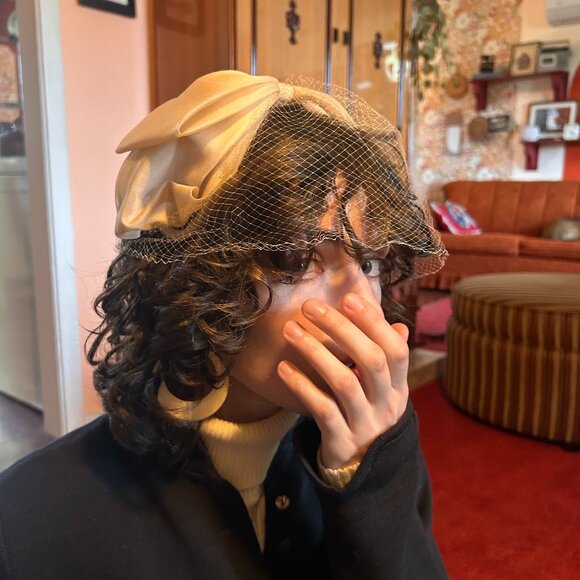 1950s birdcage beige cream lace front bow fascinator swing dance hat! - Picture 2 of 13